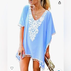 Pom Pom Trim Kaftan Chiffon Swimsuit Coverup